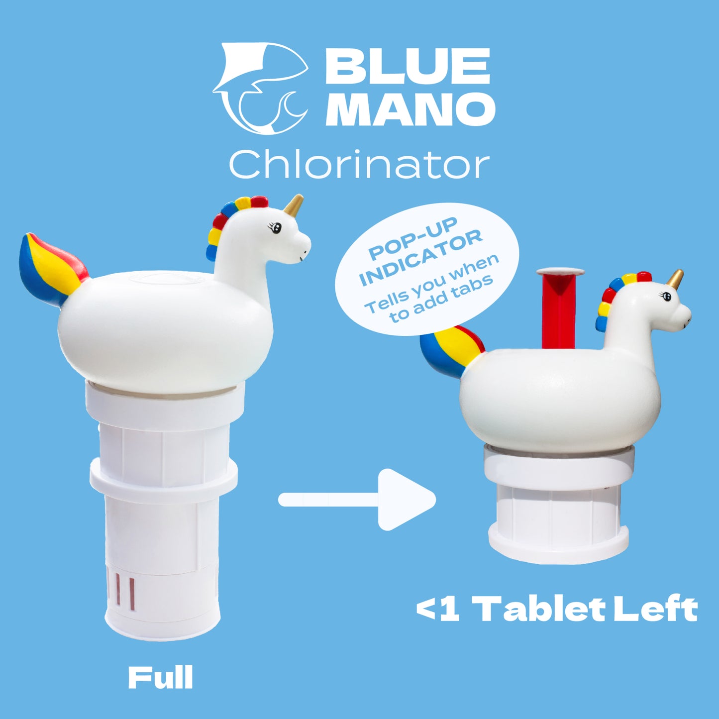 Blue Mano Unicorn Floating Chlorine Dispenser for 3 inch & 1 inch Chlorine Tablets with Refill Warning, Durable Design, Unicorn Floater & Dispenser for Inground and Above Ground Swimming Pool