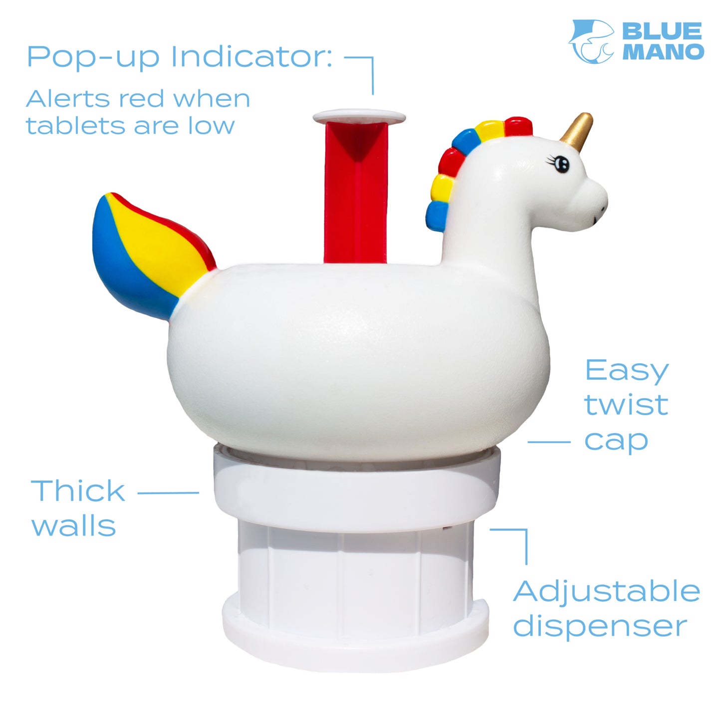 Blue Mano Unicorn Floating Chlorine Dispenser for 3 inch & 1 inch Chlorine Tablets with Refill Warning, Durable Design, Unicorn Floater & Dispenser for Inground and Above Ground Swimming Pool