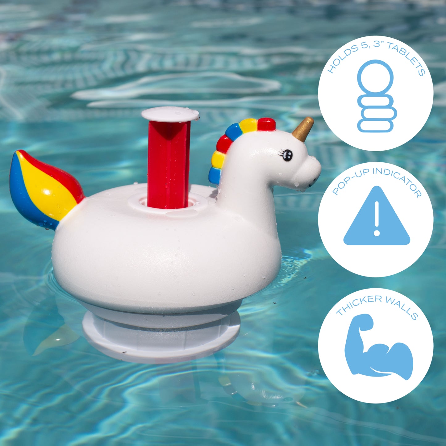 Blue Mano Unicorn Floating Chlorine Dispenser for 3 inch & 1 inch Chlorine Tablets with Refill Warning, Durable Design, Unicorn Floater & Dispenser for Inground and Above Ground Swimming Pool