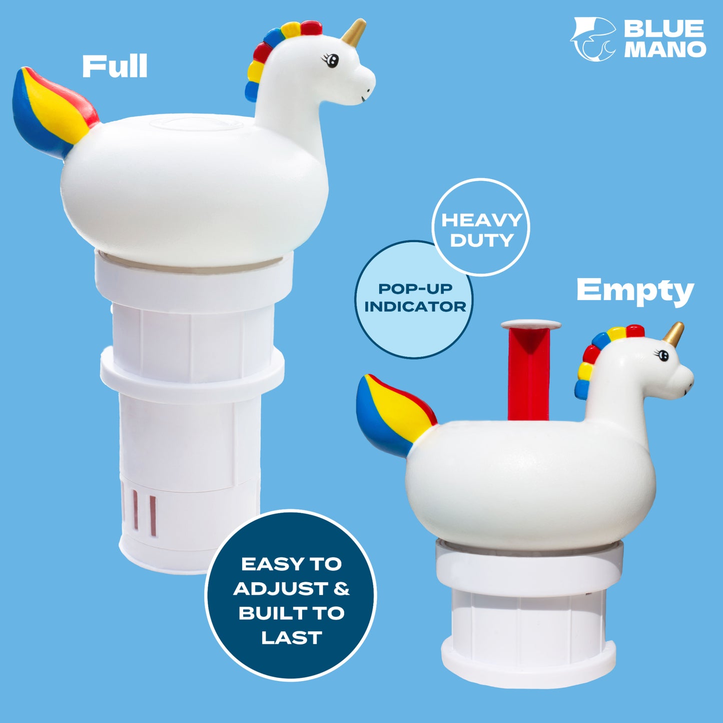 Blue Mano Unicorn Floating Chlorine Dispenser for 3 inch & 1 inch Chlorine Tablets with Refill Warning, Durable Design, Unicorn Floater & Dispenser for Inground and Above Ground Swimming Pool